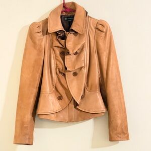 INC International Concepts Cognac Leather Ruffled Detailed Front Jacket Size M
